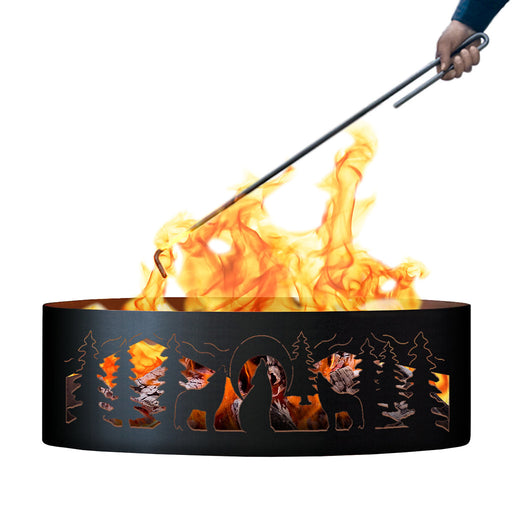 PD Metals WR00437-FP Wolves Unpainted 12 in. Tall 37 in. Diameter Outdoor Fire Ring with Fire Poker - 37 x 37 x 12 in. - Unpainted Metal Gray