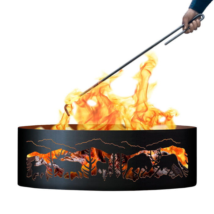 PD Metals FER00637-FP Fighting Elk Unpainted 12 in. Tall 37 in. Diameter Outdoor Fire Ring with Fire Poker - 37 x 37 x 12 in. - Unpainted Metal Gray