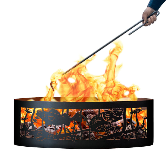 PD Metals FH01237-FP Fishing Hole Unpainted 12 in. Tall 37 in. Diameter Outdoor Fire Ring with Fire Poker - 37 x 37 x 12 in. - Unpainted Metal Gray