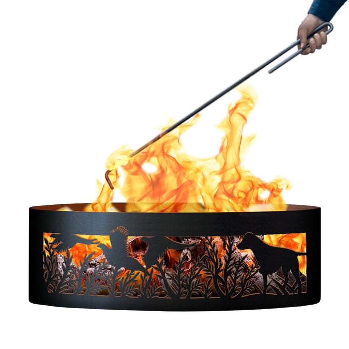 PD Metals PR00730-FP Dog N Pheasant Unpainted 12 in. Tall 30 in. Diameter Outdoor Fire Ring with Fire Poker - 30 x 30 x 12 in. - Unpainted Metal Gray