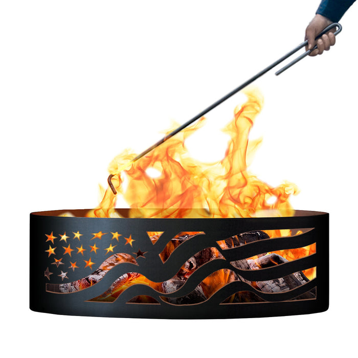 PD Metals AF01248-FP American Flag Unpainted 12 in. Tall 48 in. Diameter Outdoor Fire Ring with Fire Poker - 48 x 48 x 12 in. - Unpainted Metal Gray